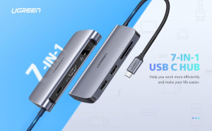 Cáp chuyển Ugreen từ USB-C 7 in 1 to HDMI + USB 3.0 + LAN 1gbps + TF/SD + PD 100W (50852)