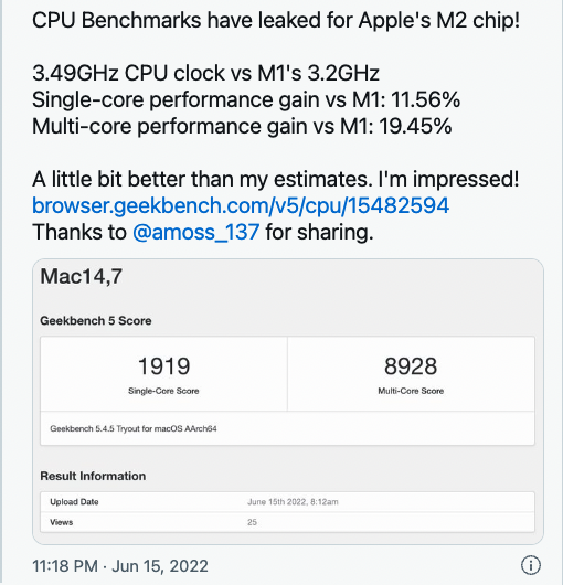 Lộ điểm Benchmark của chip M2, nhanh hơn 20% so với M1 - ảnh 2
