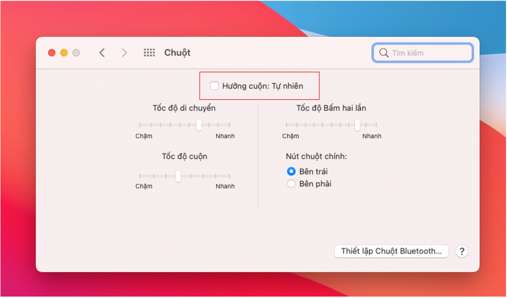 Bước 2: Chọn “ Chuột ( Mouse )” -> Bỏ tích ở mục “ Hướng tự nhiên “ vậy là bạn có thể sử dụng chuột theo hướng thông thường. 