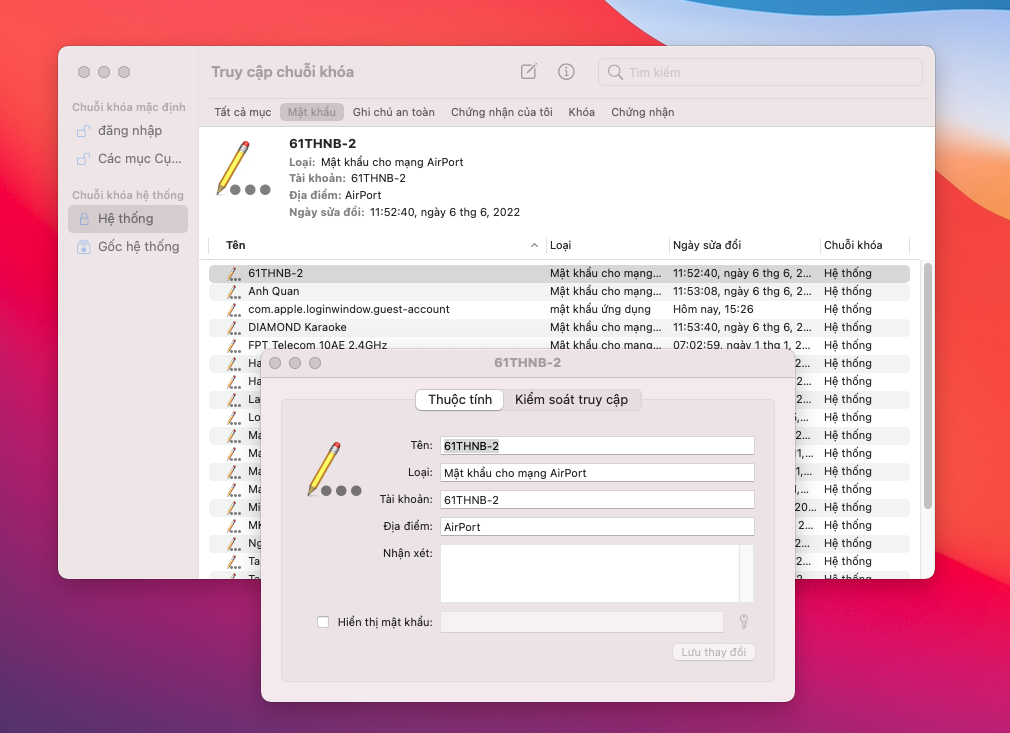 Bước 2: Chọn System -> Chọn Password -> Click vào wifi mà bạn muốn xem password 