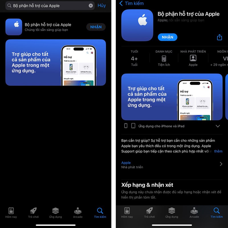 Bước 1: Tải ứng dụng " Bộ phận hỗ trợ của Apple " trên App Store về thiết bị của bạn