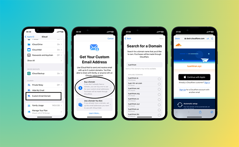 Các bước để tiến hành mua tên miền mail trên iPhone