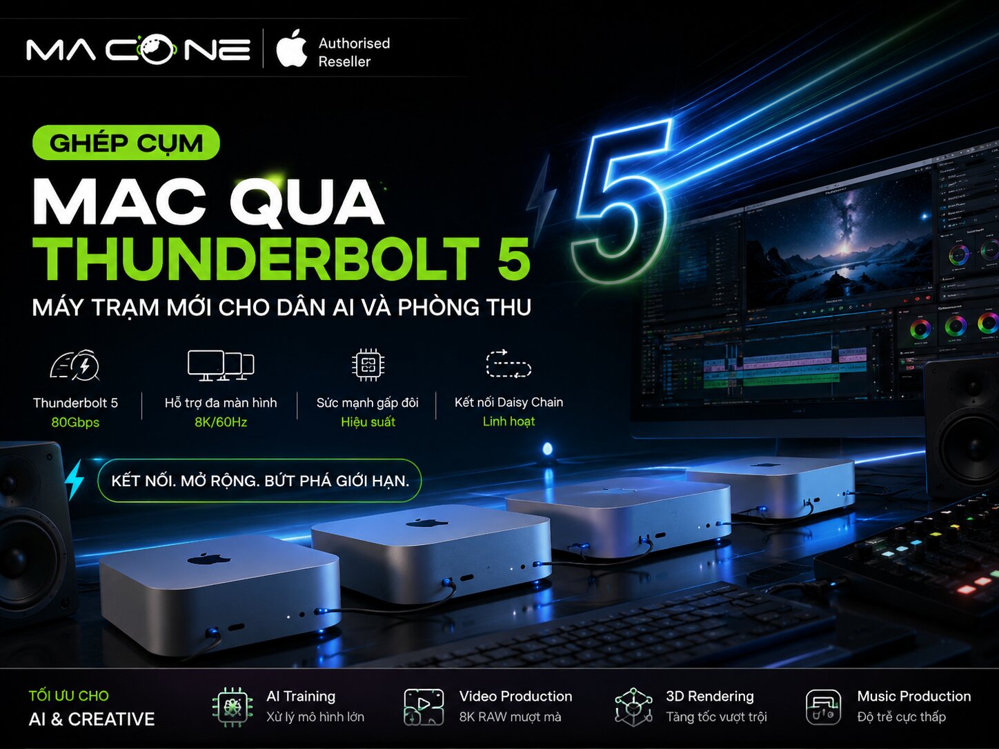 Ghép cụm Mac qua Thunderbolt 5: Máy trạm mới cho dân AI và phòng thu