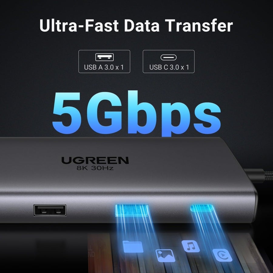 Cáp chuyển Ugreen 10 in 1 USB-C đến 2xUSB-C PD +3 USB 3.0 +2 HDMI + RJ45 + SD/TF (15534) - ảnh 3